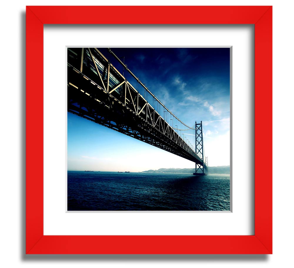 Square framed print of the Akashi Kaikyo Bridge in Japan, showcasing its stunning architecture and scenic backdrop.