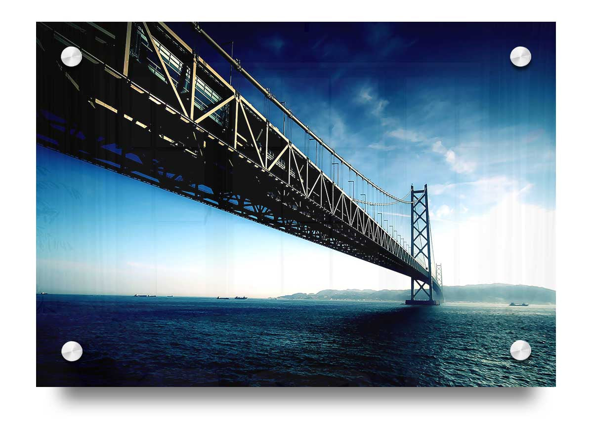 Acrylic print of the Akashi Kaikyo Bridge in Japan, showcasing vibrant colors and intricate details.