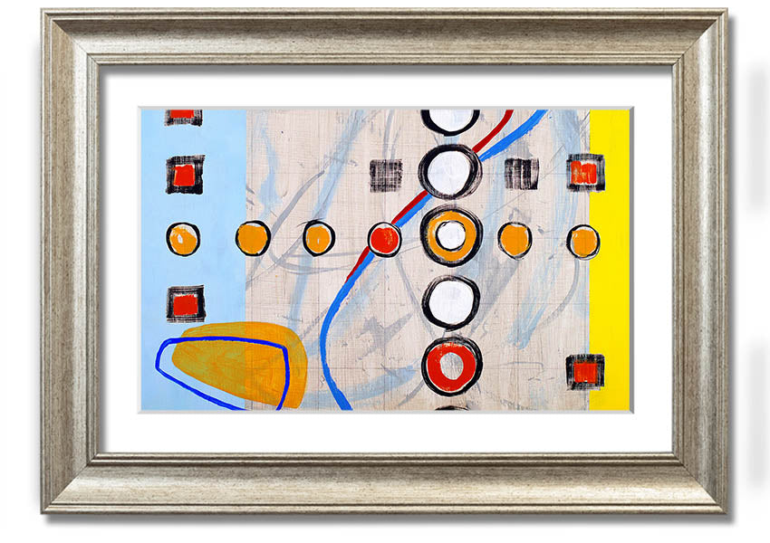 Framed print of All Circles And Squares featuring geometric designs in various colors, ready to hang.