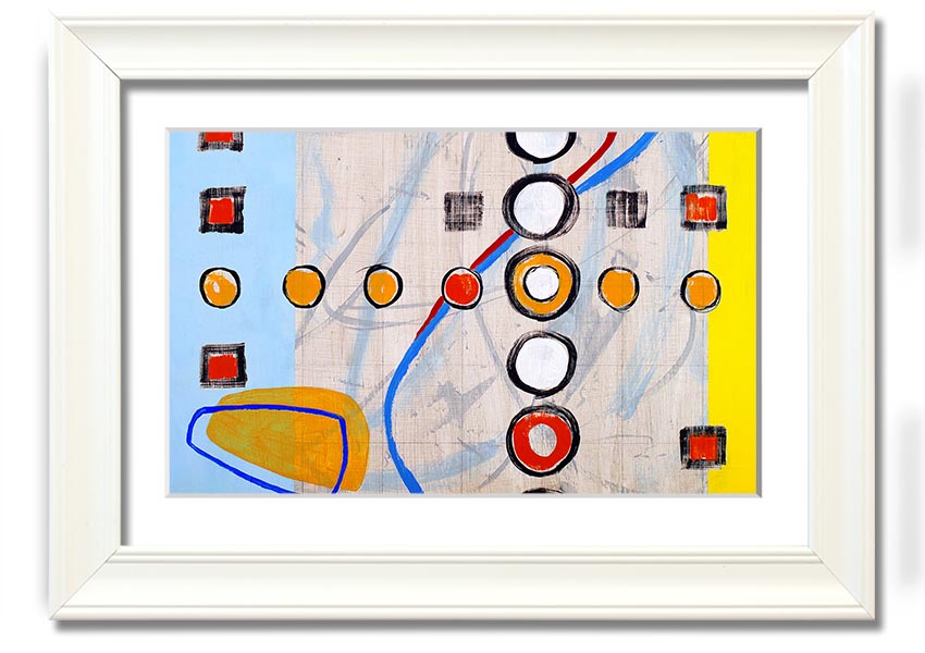 Framed print of All Circles And Squares featuring geometric designs in various colors, ready to hang.