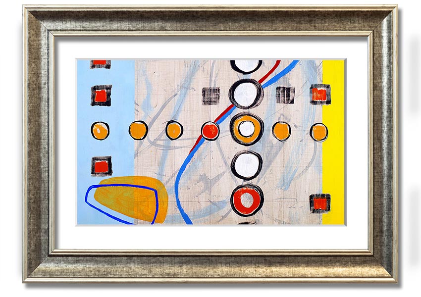 Framed print of All Circles And Squares featuring geometric designs in various colors, ready to hang.