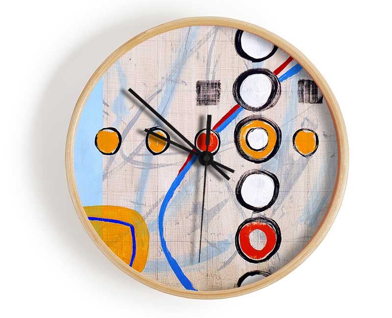 A stylish bamboo wall clock with a round face, available in black, white, and natural colors, featuring a clear Plexiglas lens.