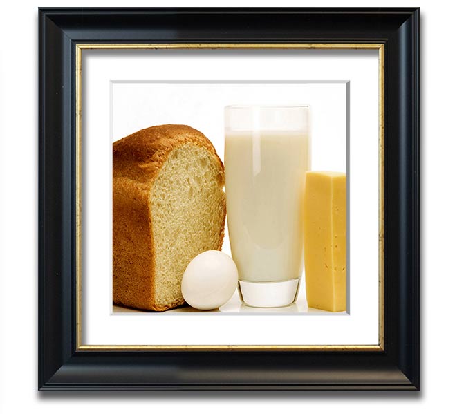 All Dairy Square Framed Print showcasing dairy-themed artwork in a stylish frame, available in various colors.