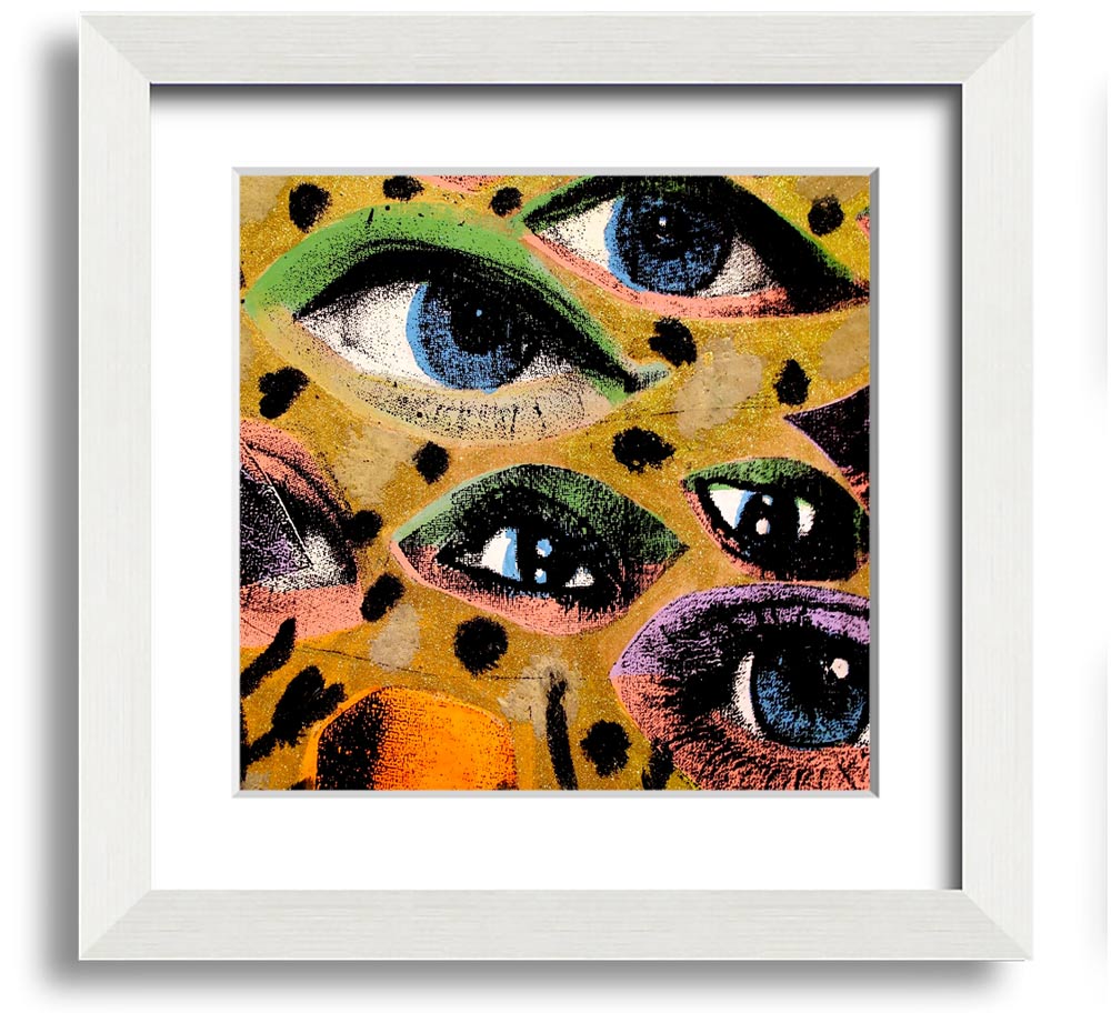 All Eyes On You Square Framed Print in various frame colors, showcasing its handmade quality and modern design.