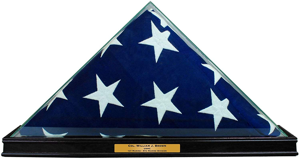 All glass flag display case for 9.5' x 5' flag with black moulding and engraving plate.