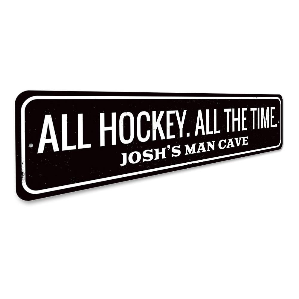 Custom All Hockey Sign made of high-quality aluminum, featuring a hockey theme, perfect for home decor.