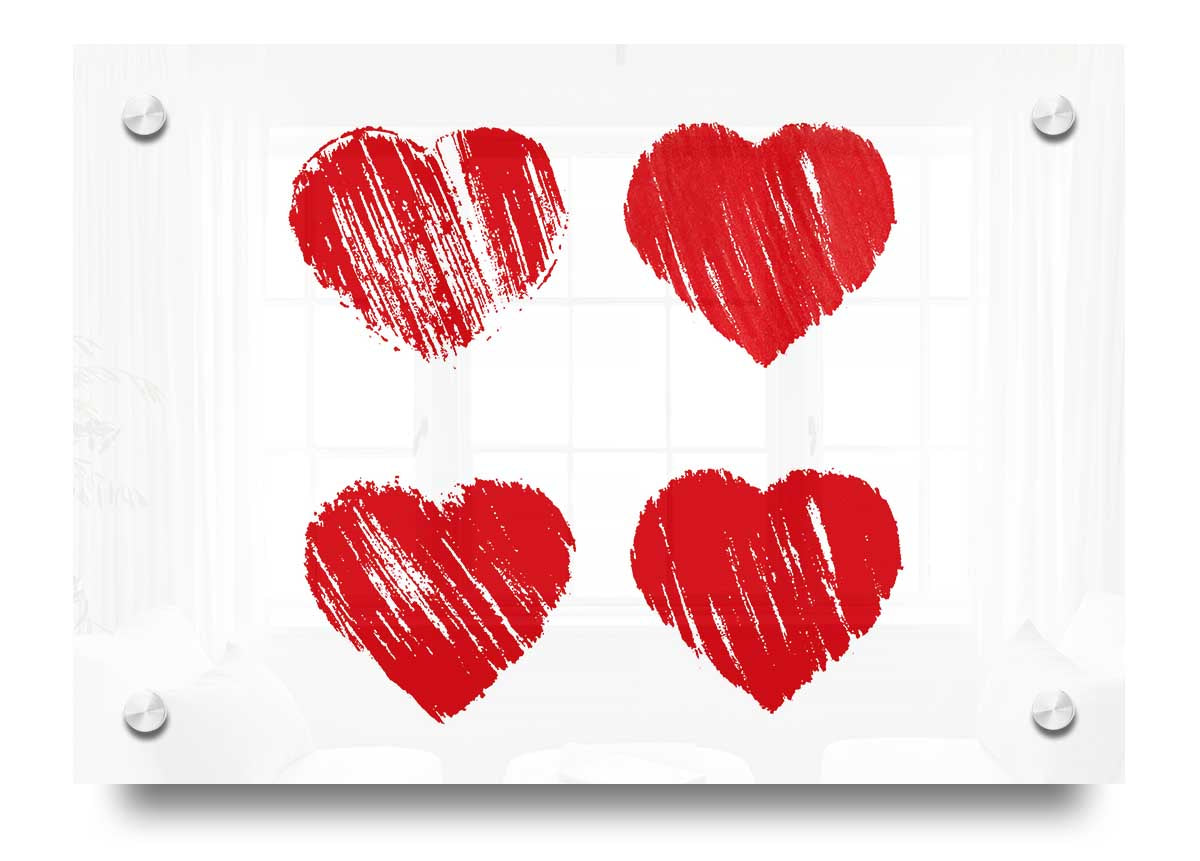 All Love Hearts acrylic print showcasing vibrant heart designs on 5mm thick acrylic glass, ready to hang.