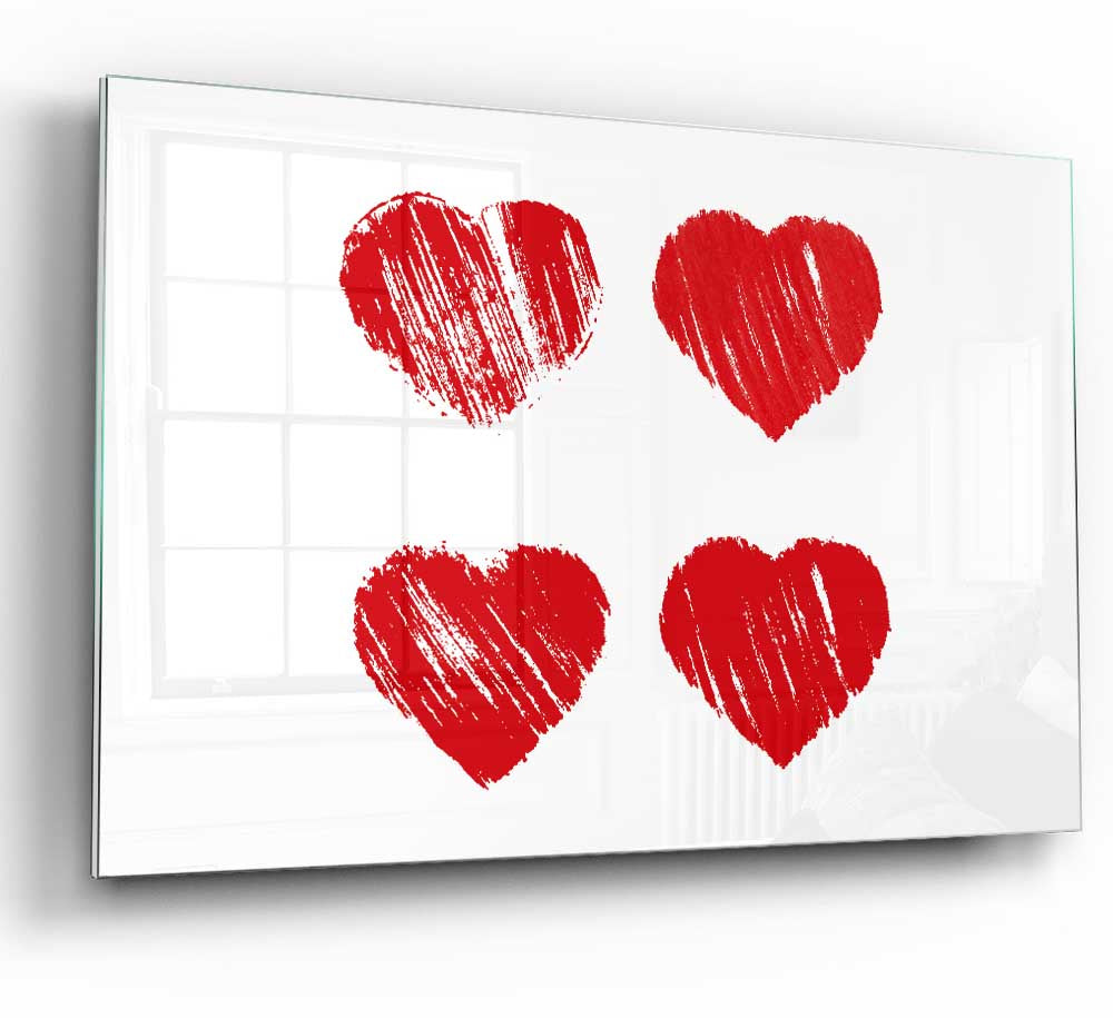 All Love Hearts glass print featuring vibrant heart designs on a sleek glass surface, perfect for modern home decor.