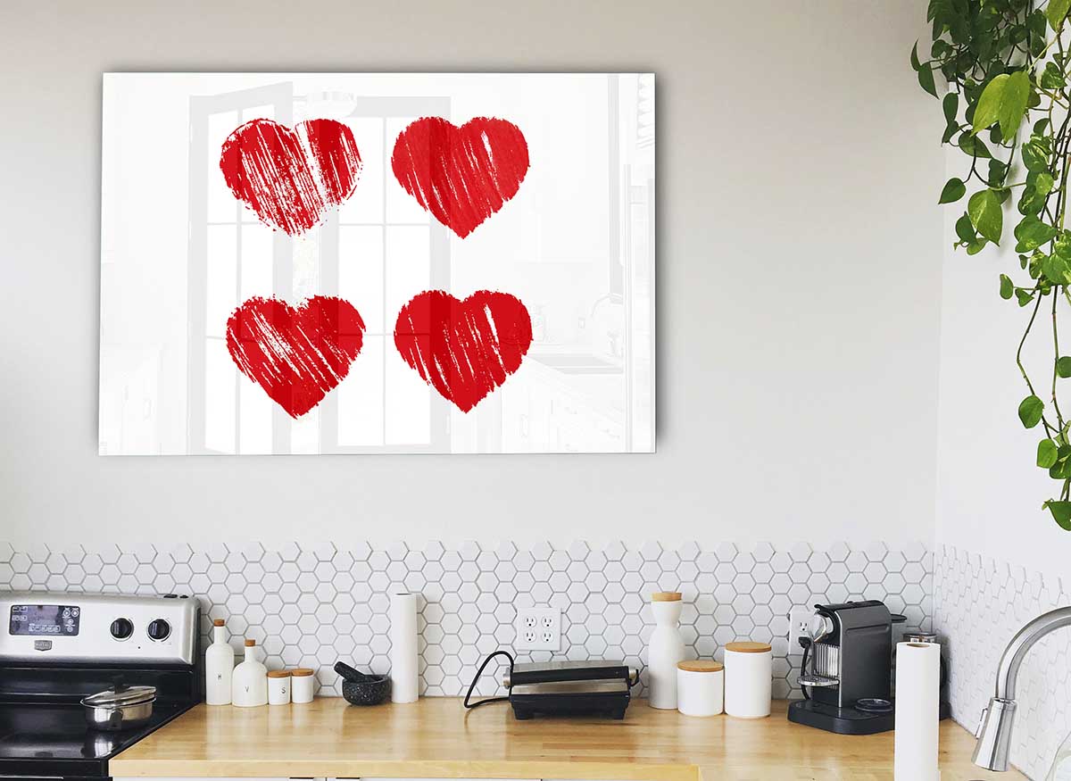 All Love Hearts glass print featuring vibrant heart designs on a sleek glass surface, perfect for modern home decor.