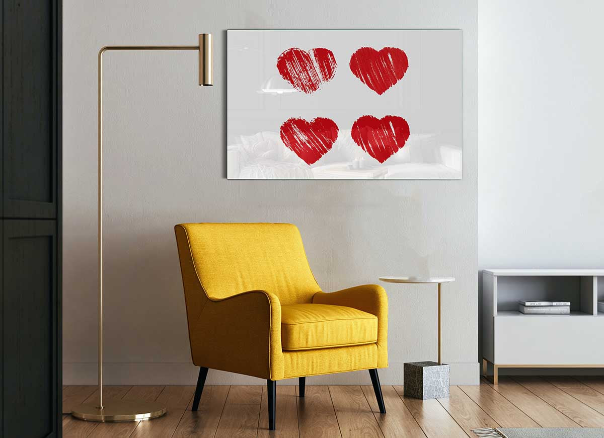 All Love Hearts glass print featuring vibrant heart designs on a sleek glass surface, perfect for modern home decor.