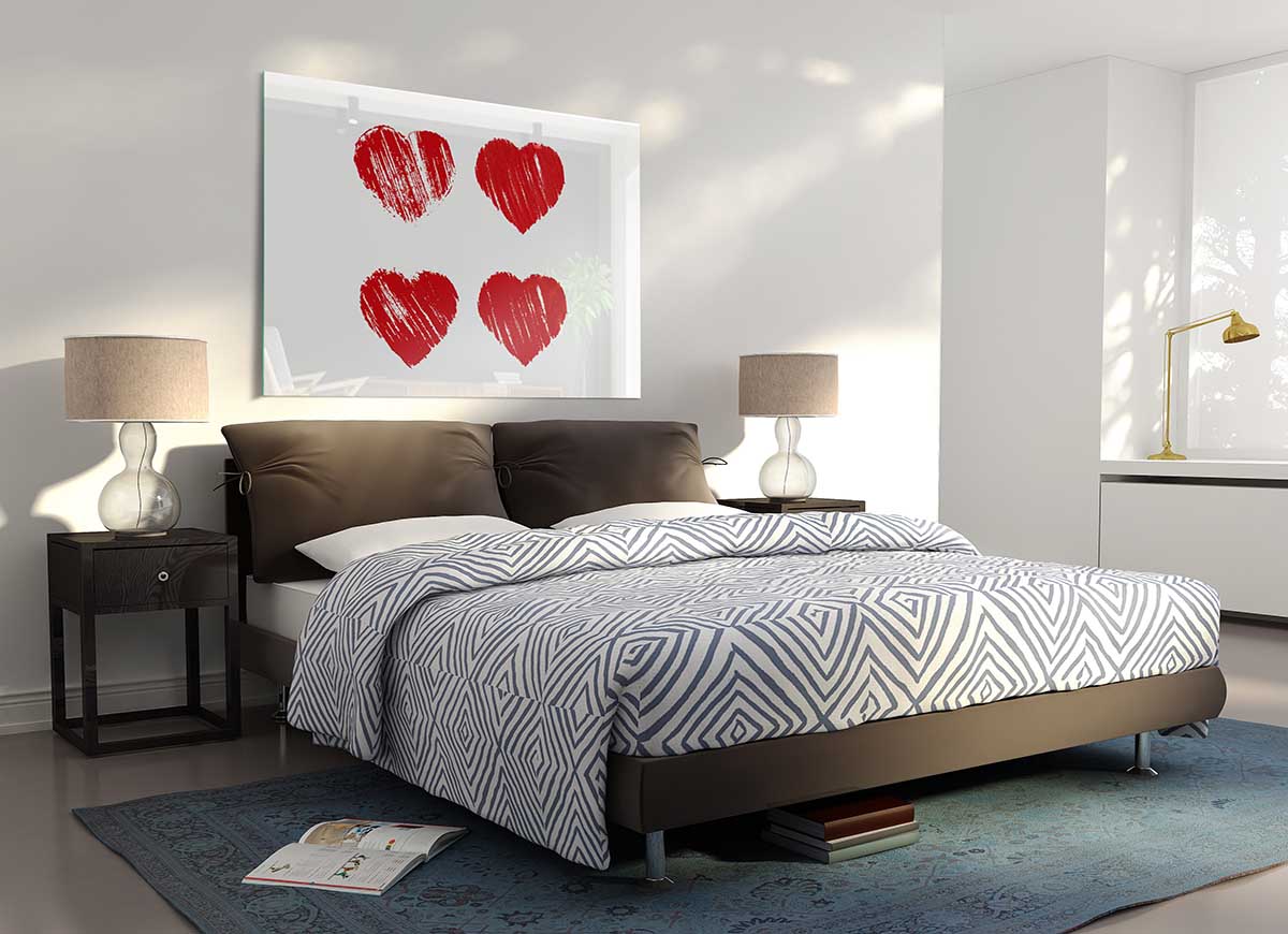 All Love Hearts glass print featuring vibrant heart designs on a sleek glass surface, perfect for modern home decor.