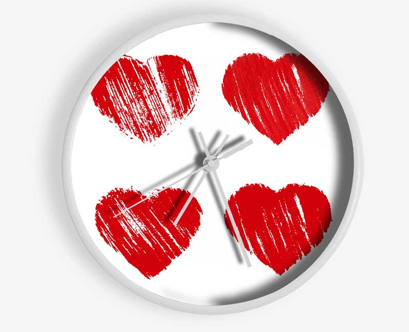 A stylish All Love Hearts clock made from natural bamboo, featuring a round face and available in black, white, and natural frame colors.