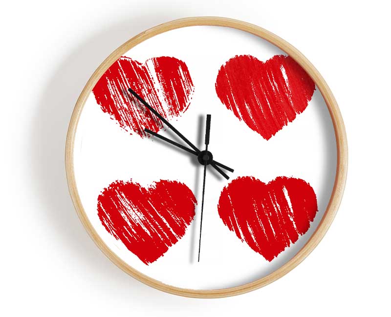 A stylish All Love Hearts clock made from natural bamboo, featuring a round face and available in black, white, and natural frame colors.