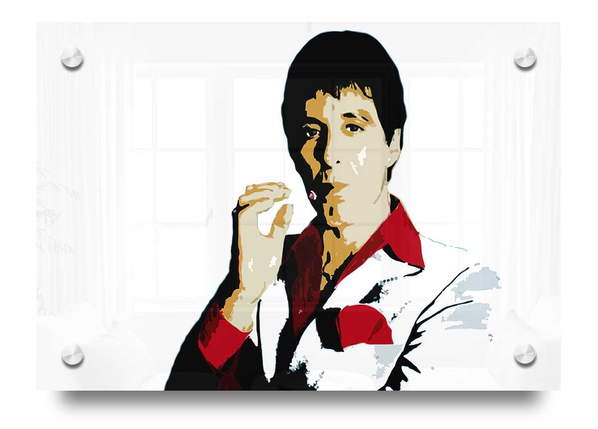 A vibrant acrylic print of Al Pacino, showcasing his iconic image with sharp details and rich colors.