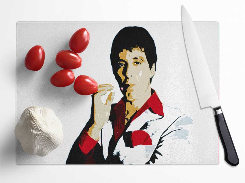 Al Pacino chopping board made of tempered glass with a chinchilla ripple effect and anti-slip feet, showcasing its elegant design.