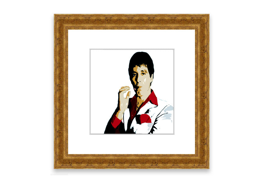 Framed print of Al Pacino, showcasing vibrant colors and high-quality craftsmanship, ready to hang.