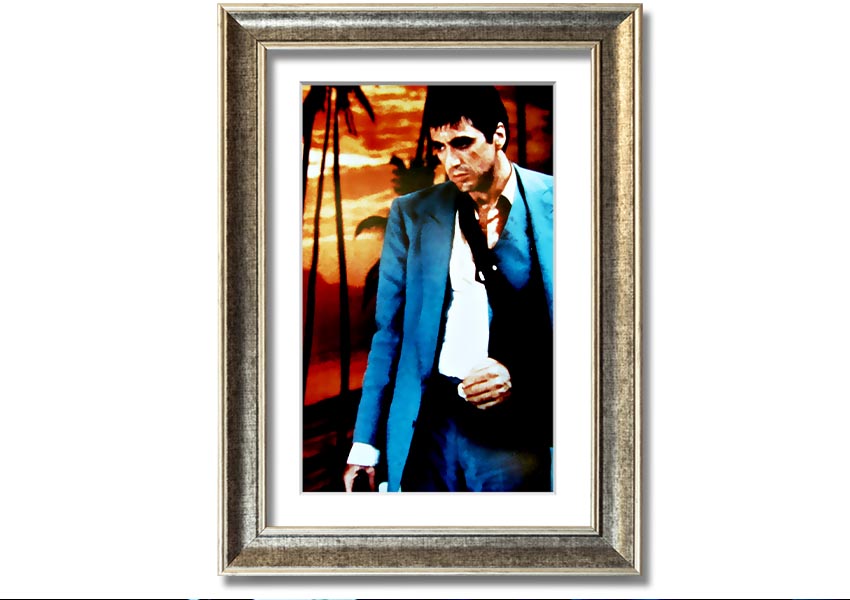 Framed print of Al Pacino as Tony Montana in Scarface, showcasing vibrant colors and quality craftsmanship.