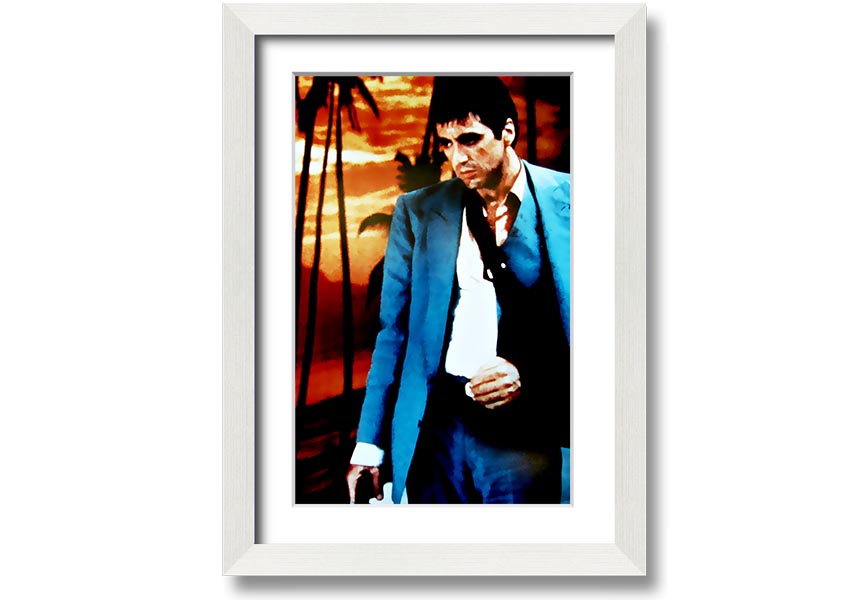 Framed print of Al Pacino as Tony Montana in Scarface, showcasing vibrant colors and quality craftsmanship.