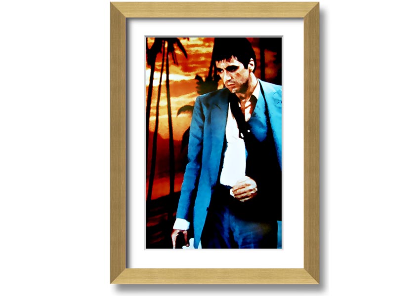 Framed print of Al Pacino as Tony Montana in Scarface, showcasing vibrant colors and quality craftsmanship.