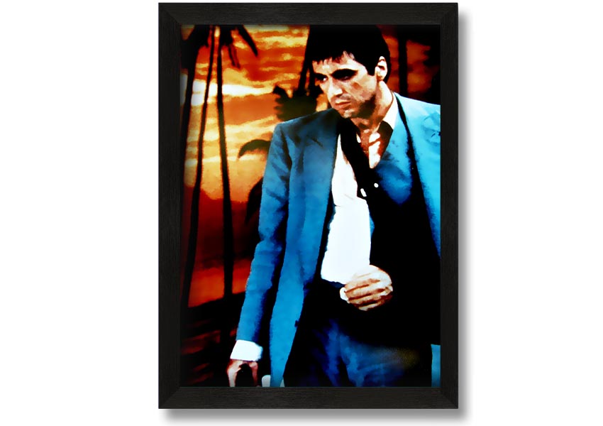 Framed print of Al Pacino as Tony Montana in Scarface, showcasing vibrant colors and quality craftsmanship.