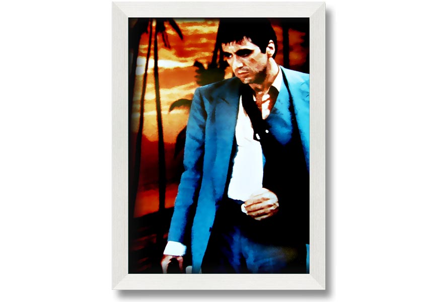 Framed print of Al Pacino as Tony Montana in Scarface, showcasing vibrant colors and quality craftsmanship.