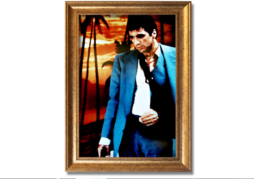 Framed print of Al Pacino as Tony Montana in Scarface, showcasing vibrant colors and quality craftsmanship.