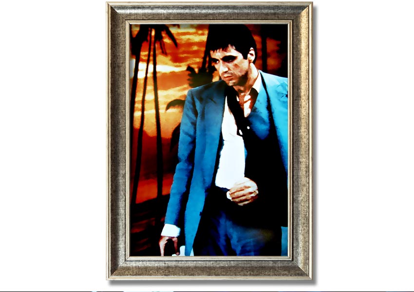 Framed print of Al Pacino as Tony Montana in Scarface, showcasing vibrant colors and quality craftsmanship.