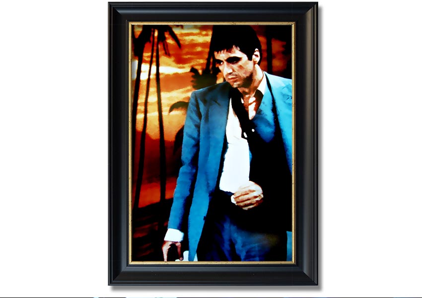 Framed print of Al Pacino as Tony Montana in Scarface, showcasing vibrant colors and quality craftsmanship.