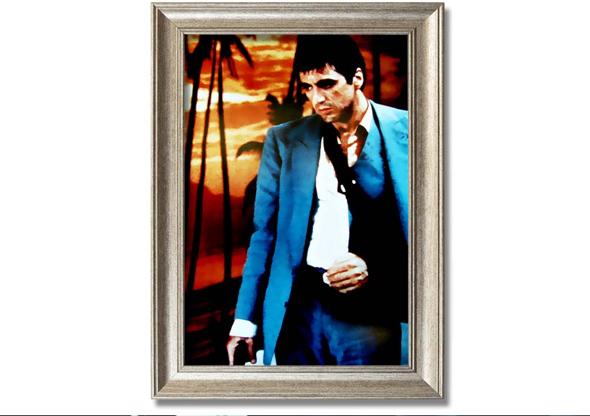 Framed print of Al Pacino as Tony Montana in Scarface, showcasing vibrant colors and quality craftsmanship.