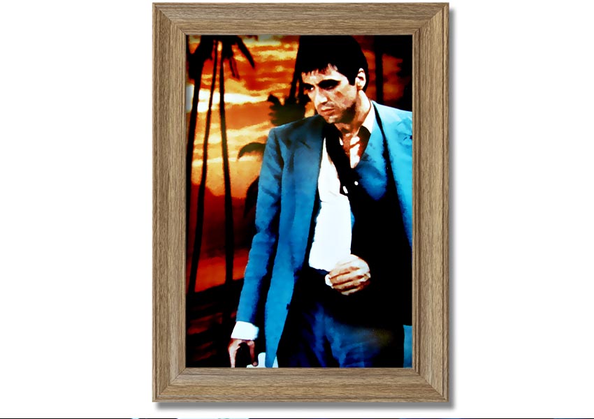 Framed print of Al Pacino as Tony Montana in Scarface, showcasing vibrant colors and quality craftsmanship.