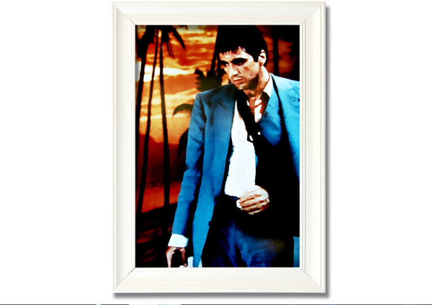 Framed print of Al Pacino as Tony Montana in Scarface, showcasing vibrant colors and quality craftsmanship.