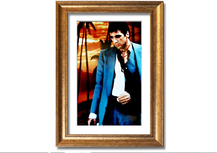 Framed print of Al Pacino as Tony Montana in Scarface, showcasing vibrant colors and quality craftsmanship.