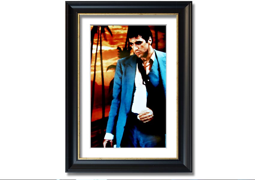 Framed print of Al Pacino as Tony Montana in Scarface, showcasing vibrant colors and quality craftsmanship.