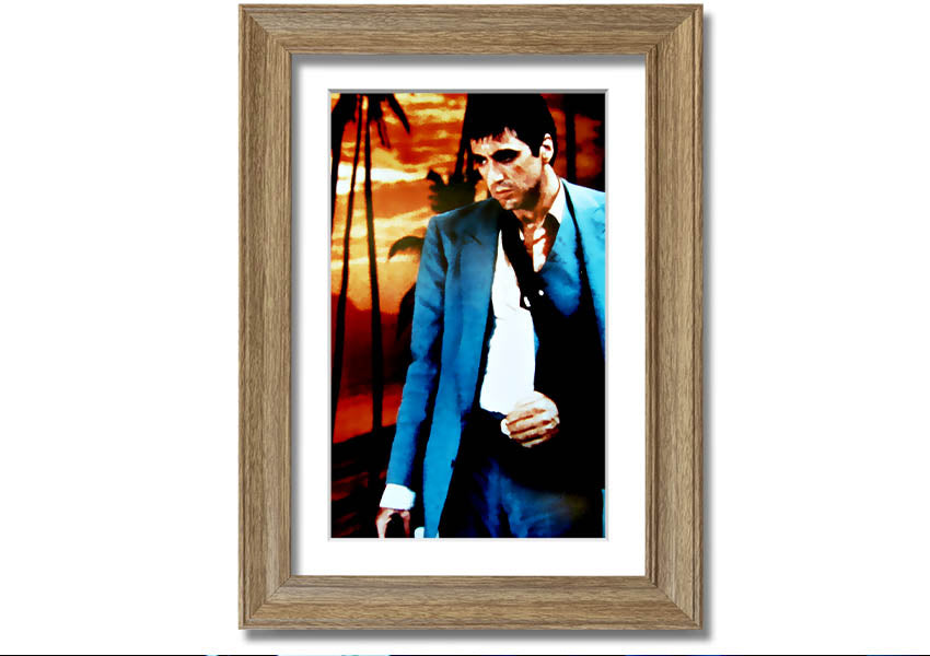 Framed print of Al Pacino as Tony Montana in Scarface, showcasing vibrant colors and quality craftsmanship.