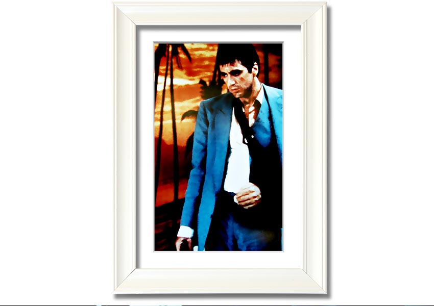 Framed print of Al Pacino as Tony Montana in Scarface, showcasing vibrant colors and quality craftsmanship.