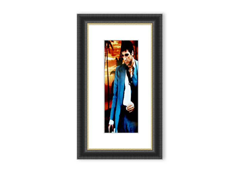 Framed print of Al Pacino as Tony Montana from Scarface, showcasing vibrant colors and quality craftsmanship.