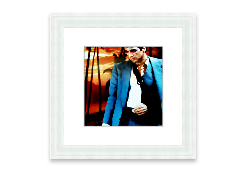 Framed print of Al Pacino as Tony Montana from Scarface, showcasing vibrant colors and quality craftsmanship.