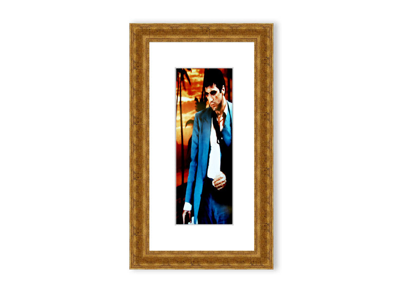 Framed print of Al Pacino as Tony Montana from Scarface, showcasing vibrant colors and quality craftsmanship.