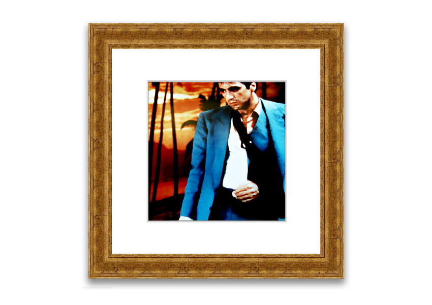 Framed print of Al Pacino as Tony Montana from Scarface, showcasing vibrant colors and quality craftsmanship.