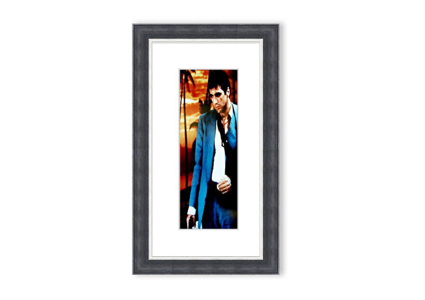 Framed print of Al Pacino as Tony Montana from Scarface, showcasing vibrant colors and quality craftsmanship.