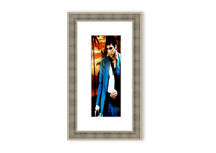 Framed print of Al Pacino as Tony Montana from Scarface, showcasing vibrant colors and quality craftsmanship.