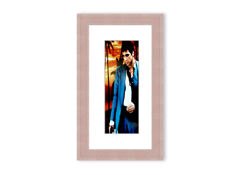 Framed print of Al Pacino as Tony Montana from Scarface, showcasing vibrant colors and quality craftsmanship.