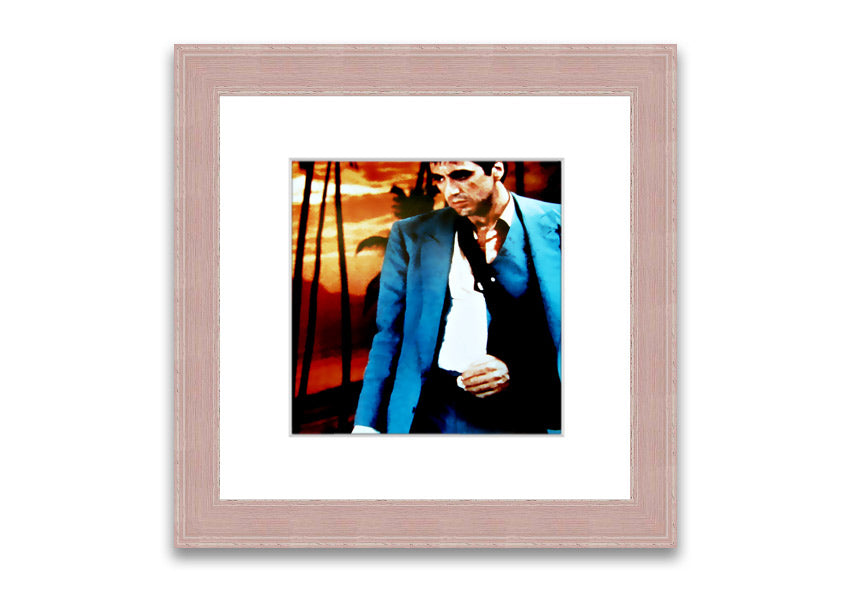 Framed print of Al Pacino as Tony Montana from Scarface, showcasing vibrant colors and quality craftsmanship.