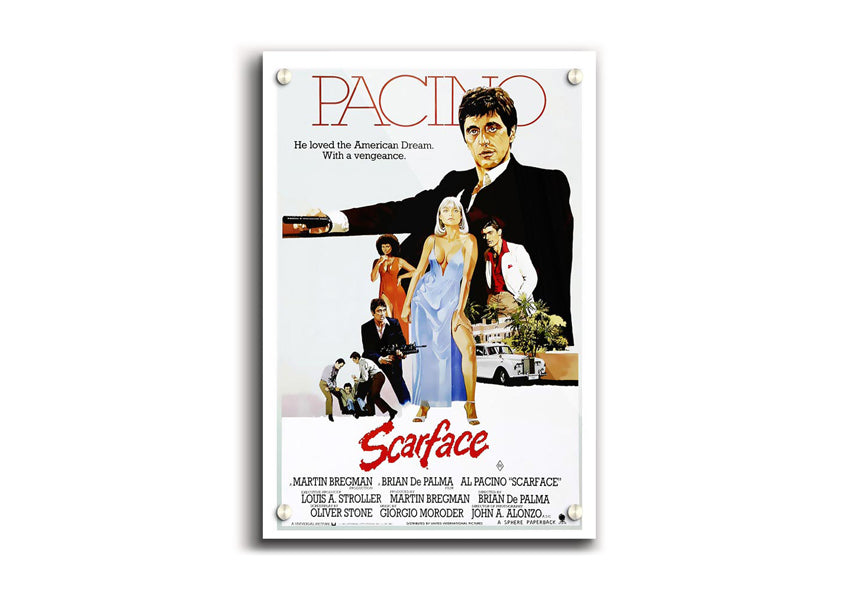 Al Pacino Scarface acrylic print on a wall, showcasing vibrant colors and iconic image.