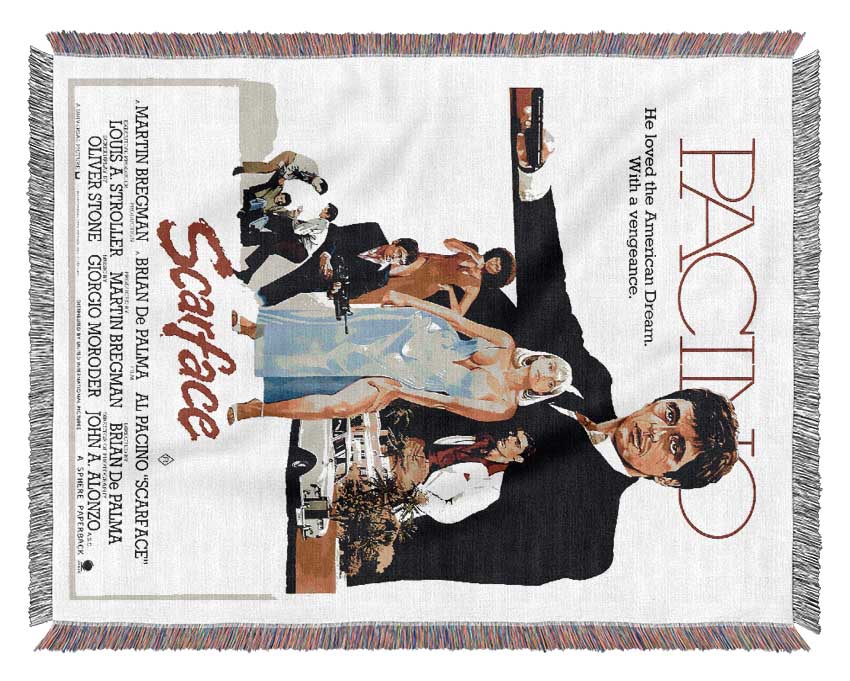 Al Pacino Scarface throw blanket made from 100% cotton, featuring a thermal weave for breathability and a luxurious finish, perfect for any interior.