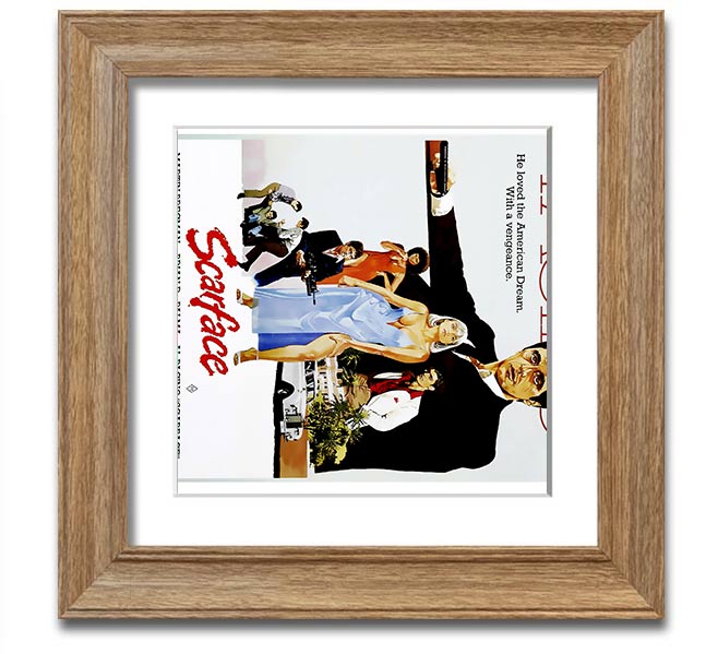 Al Pacino Scarface Square Framed Print in various frame colors, showcasing iconic movie art.