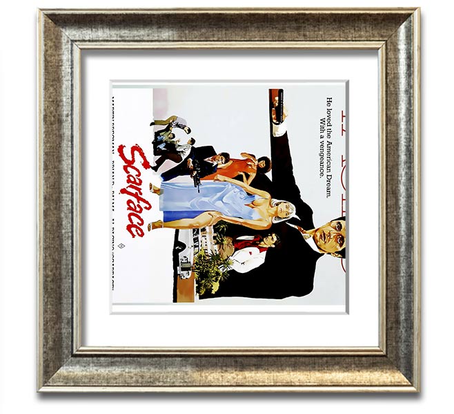 Al Pacino Scarface Square Framed Print in various frame colors, showcasing iconic movie art.