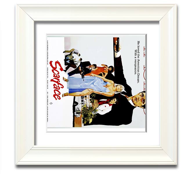 Al Pacino Scarface Square Framed Print in various frame colors, showcasing iconic movie art.