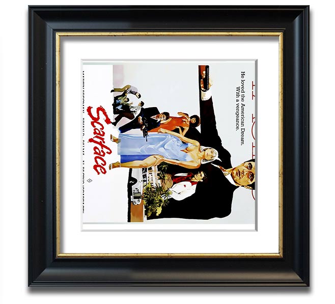 Al Pacino Scarface Square Framed Print in various frame colors, showcasing iconic movie art.