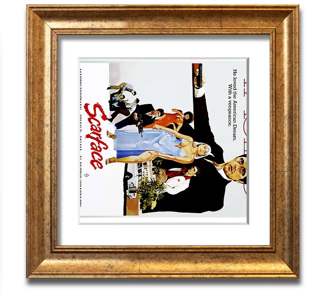 Al Pacino Scarface Square Framed Print in various frame colors, showcasing iconic movie art.